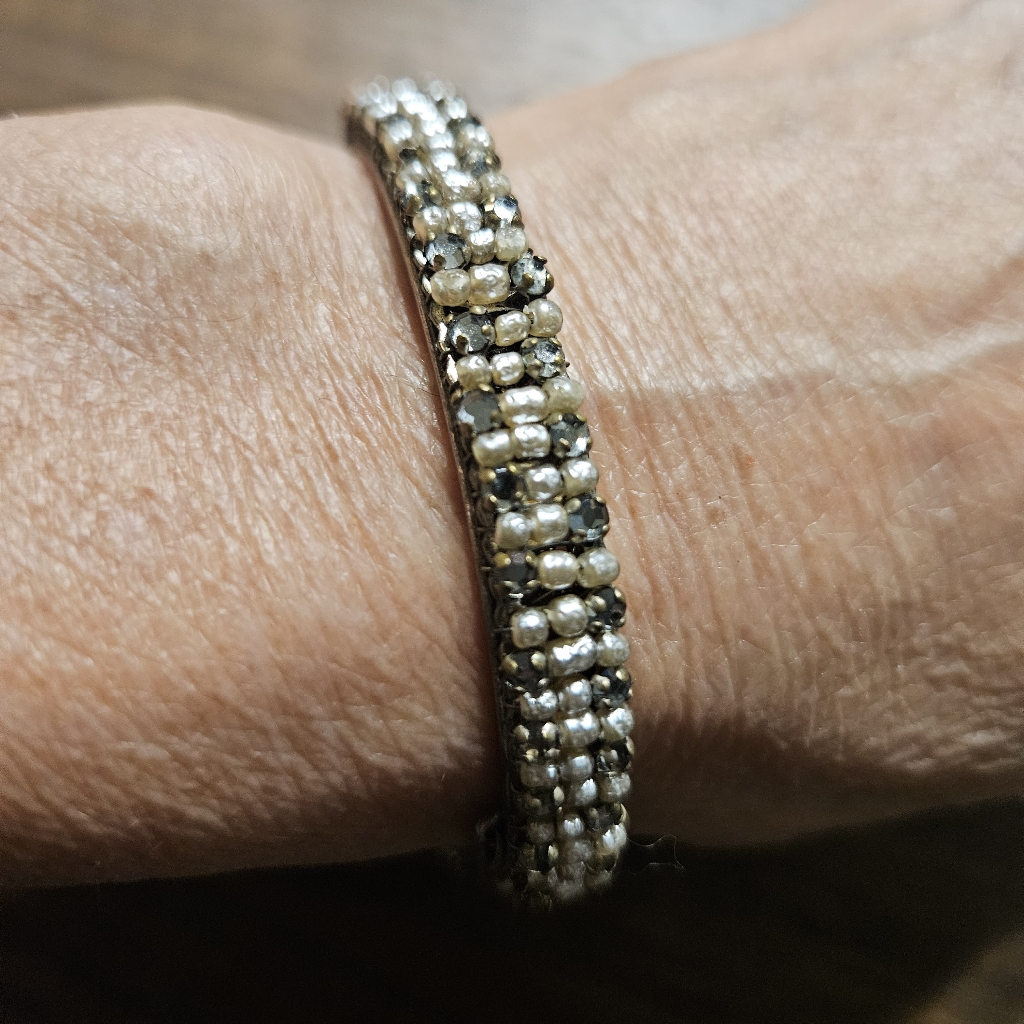 Signed Miriam Haskell Black Gold Beaded Rhinestones Vintage Bangle Bracelet 69$